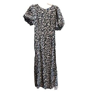 Old Navy Womens Blue Maxi Dress Sz M Floral Bloom Smock Cottagecore Puff Sleeve
